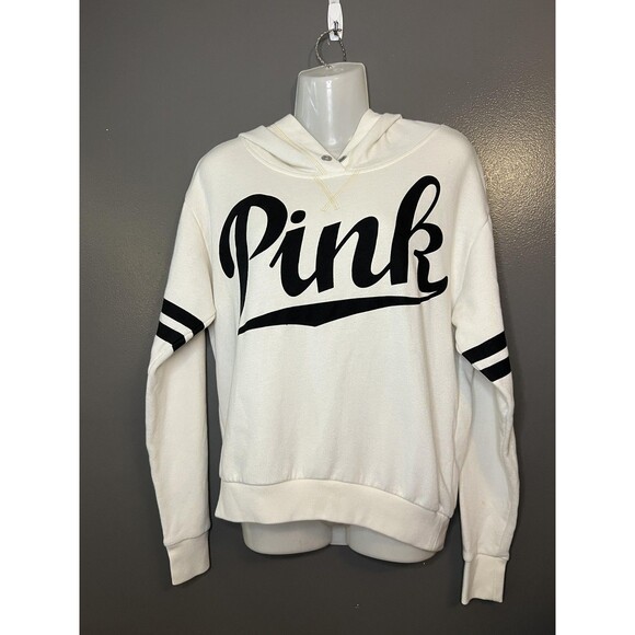 PINK Victoria's Secret Hoodie Womens XS White Script Logo Pullover Sweatshirt - Picture 1 of 5
